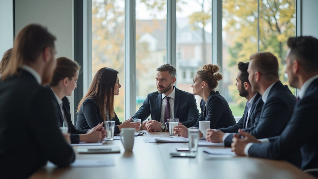 Leadership team facilitating organizational change management workshop with employees participating in transformation initiative