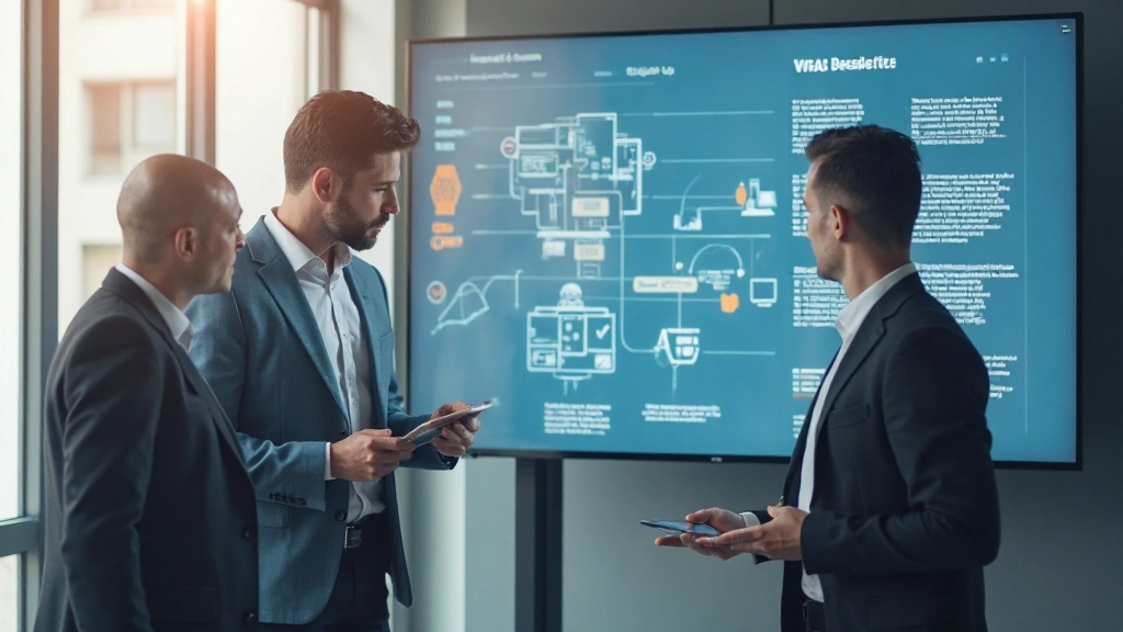 Professional team analyzing process flow diagrams on digital dashboard in modern office environment