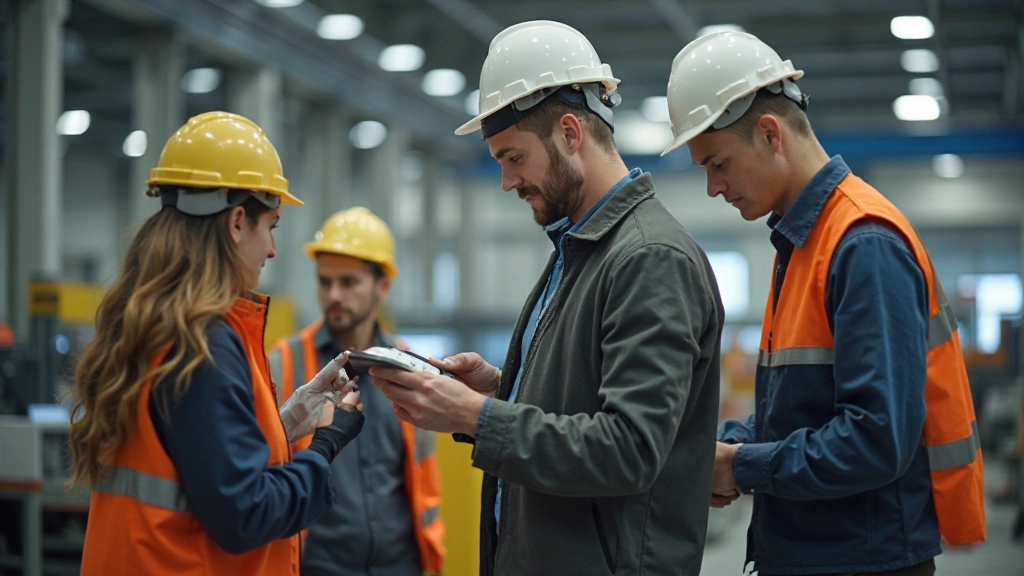 Business professionals implementing lean manufacturing principles on factory floor with process improvement boards