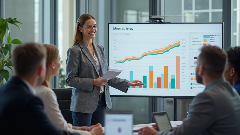 Lean six sigma consultant presenting efficiency metrics dashboard to business team in conference room