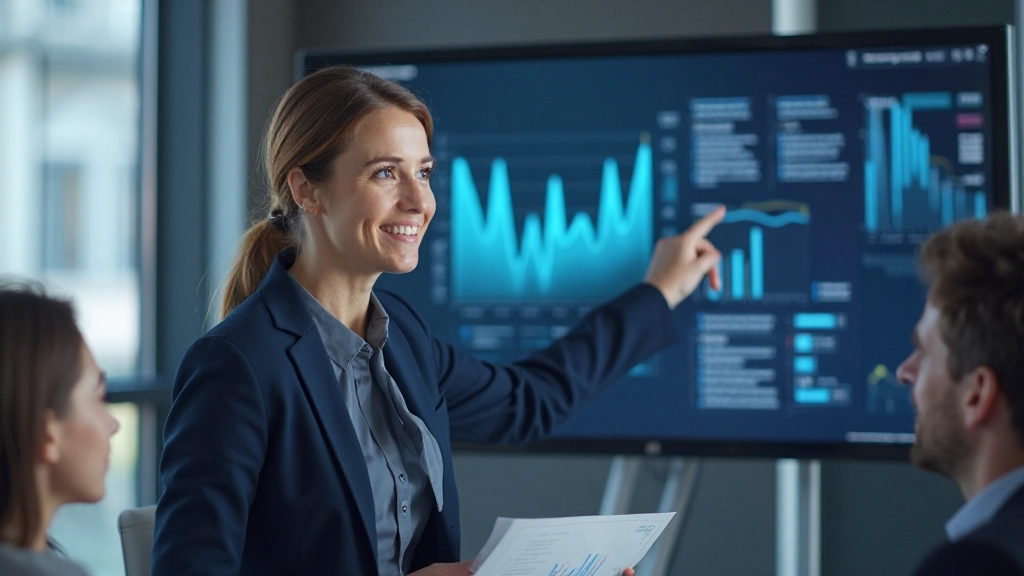 Executive presenting analytics dashboard with performance metrics and improvement trends on large display screen
