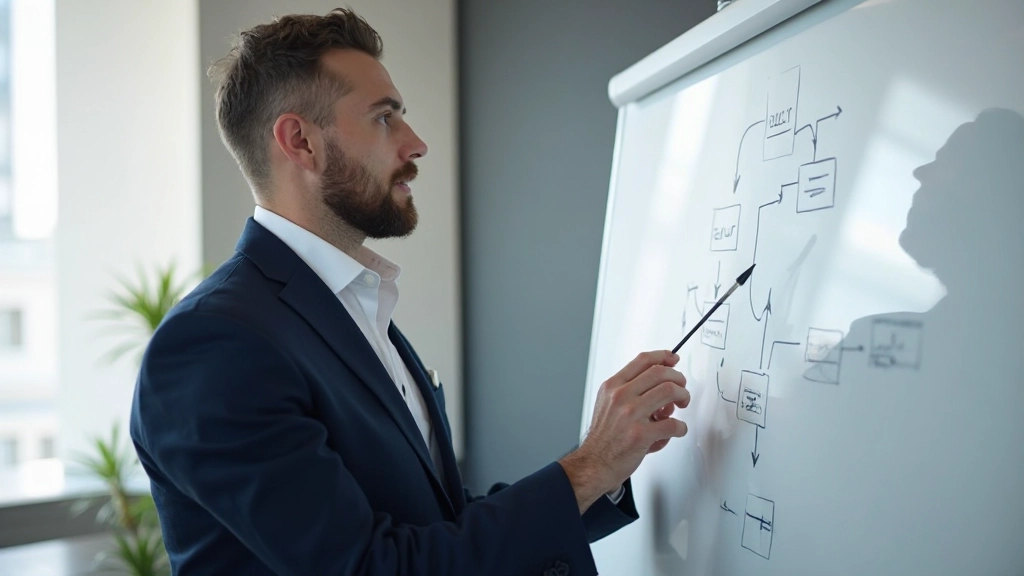 Professional operations manager analyzing workflow process diagram in modern office environment