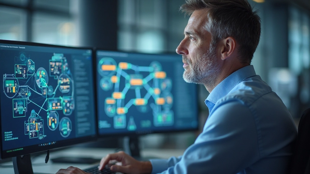 Supply chain optimization specialist reviewing logistics network on computer workstation with multiple monitors