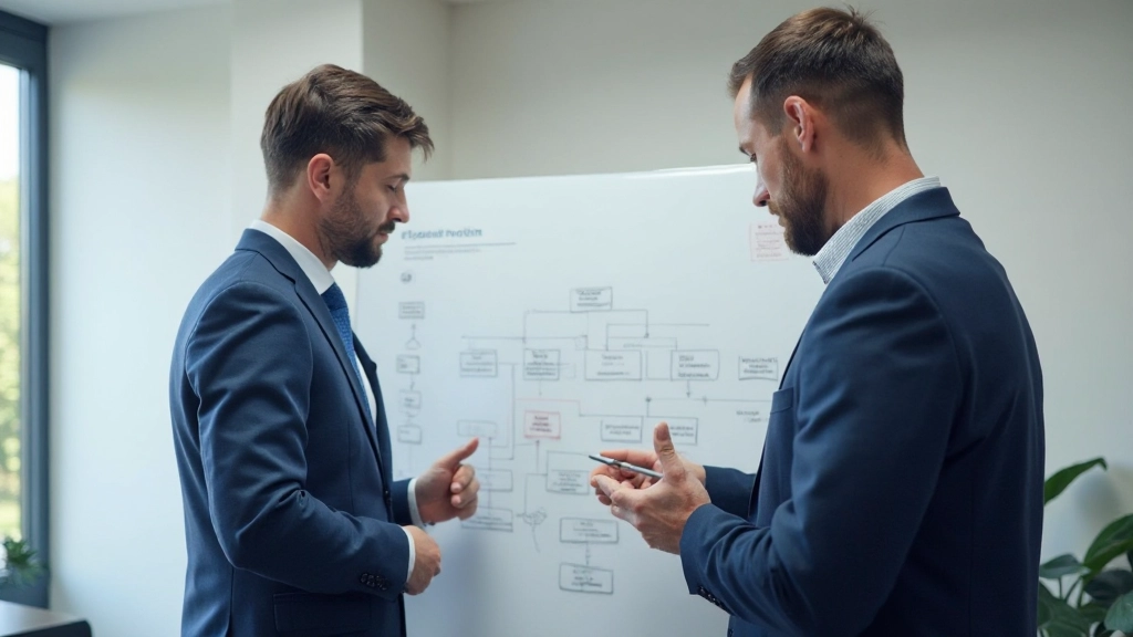 Detailed process flow chart with multiple interconnected steps and decision points displayed on office whiteboard