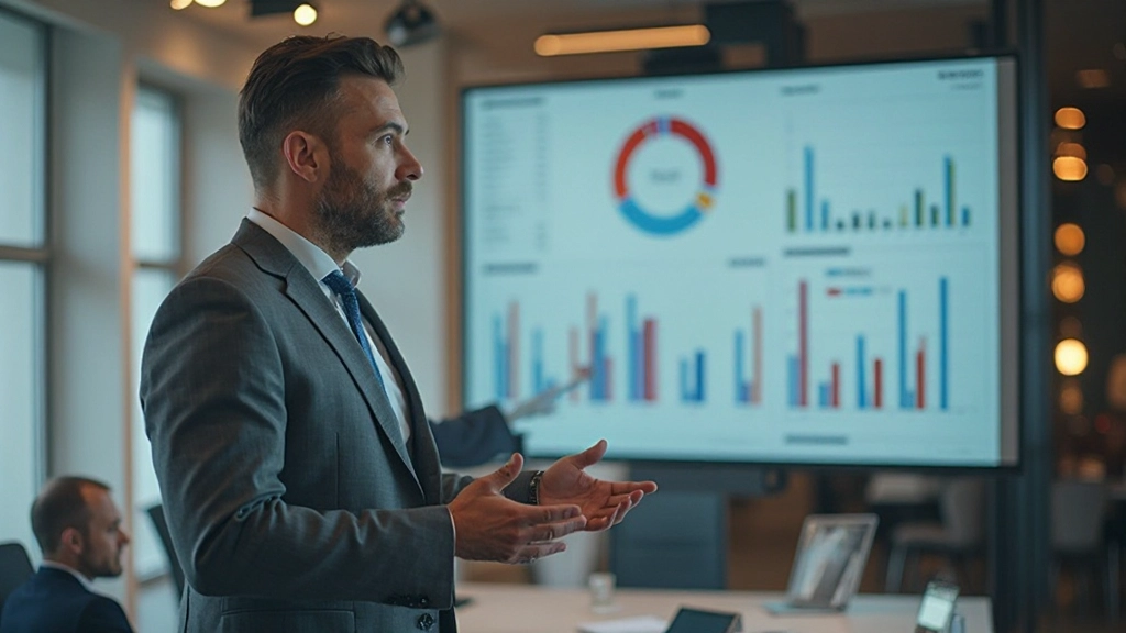 Lean six sigma consultant presenting efficiency metrics dashboard to business team in conference room