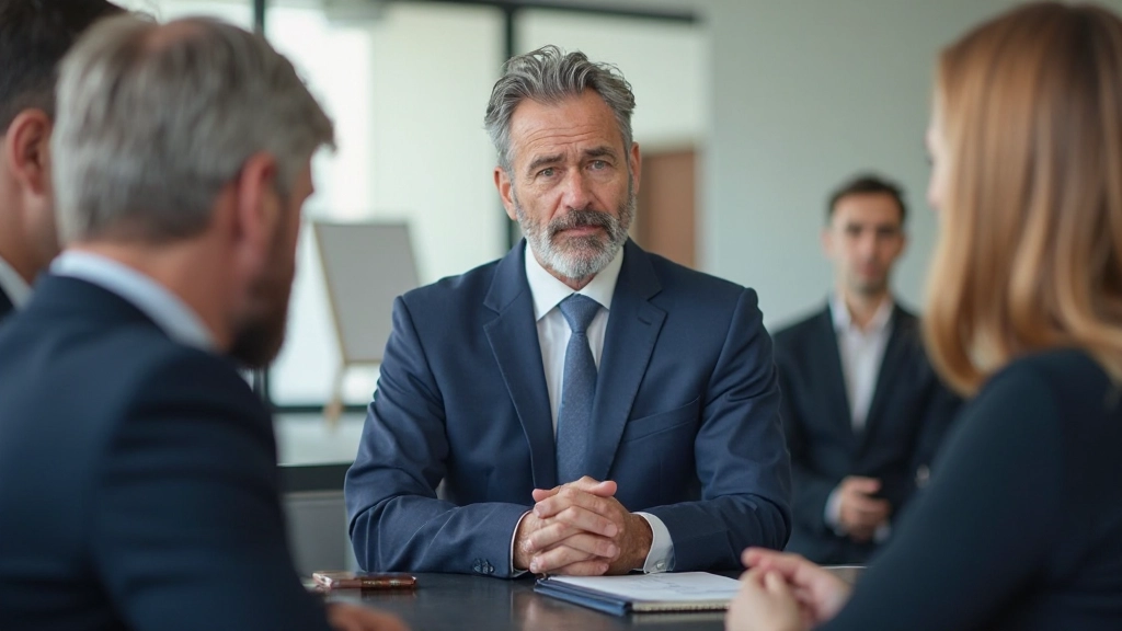 Business transformation consultant discussing change management strategy with executive leadership team