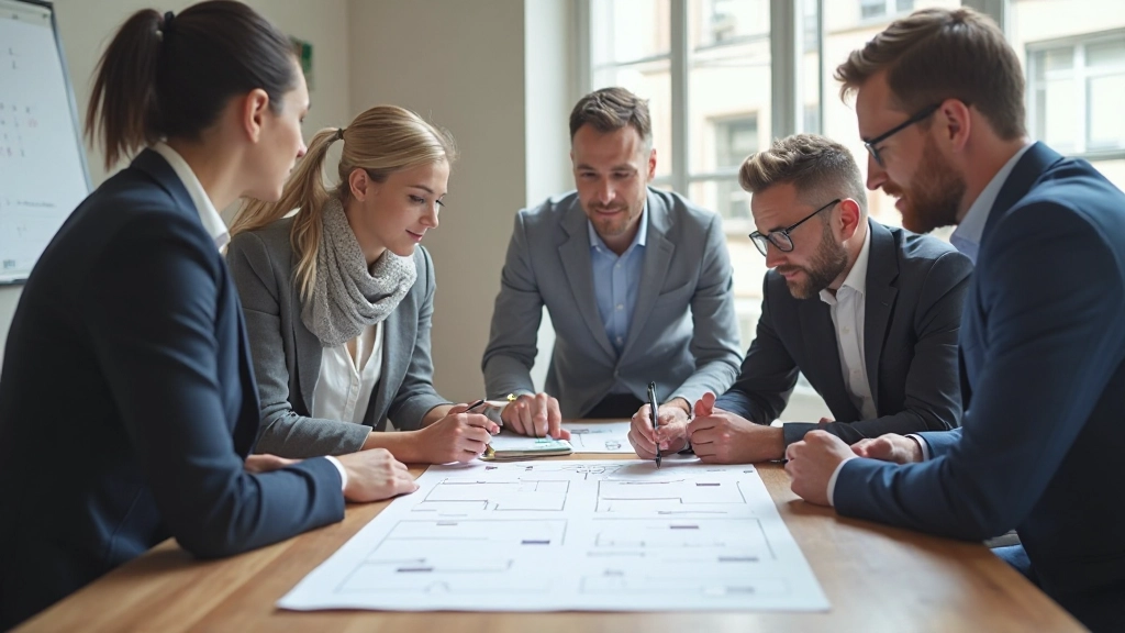 Team collaborating on process improvement project with sticky notes and flowchart templates on large workspace table