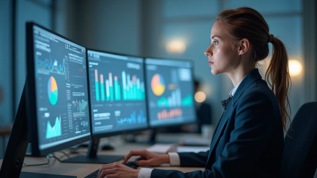 Data analyst reviewing process metrics and improvement metrics on multiple computer screens showing charts and graphs