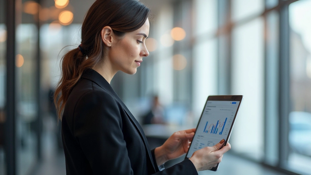 Performance analytics professional reviewing business intelligence dashboard with key performance indicators