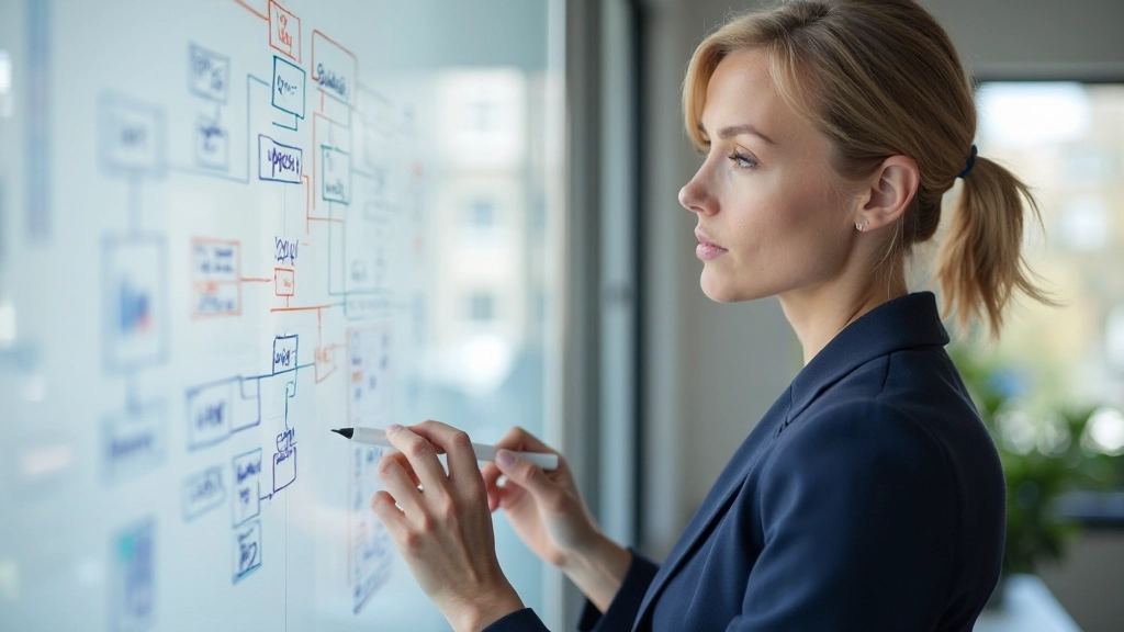 Professional operations manager analyzing workflow process diagram in modern office environment